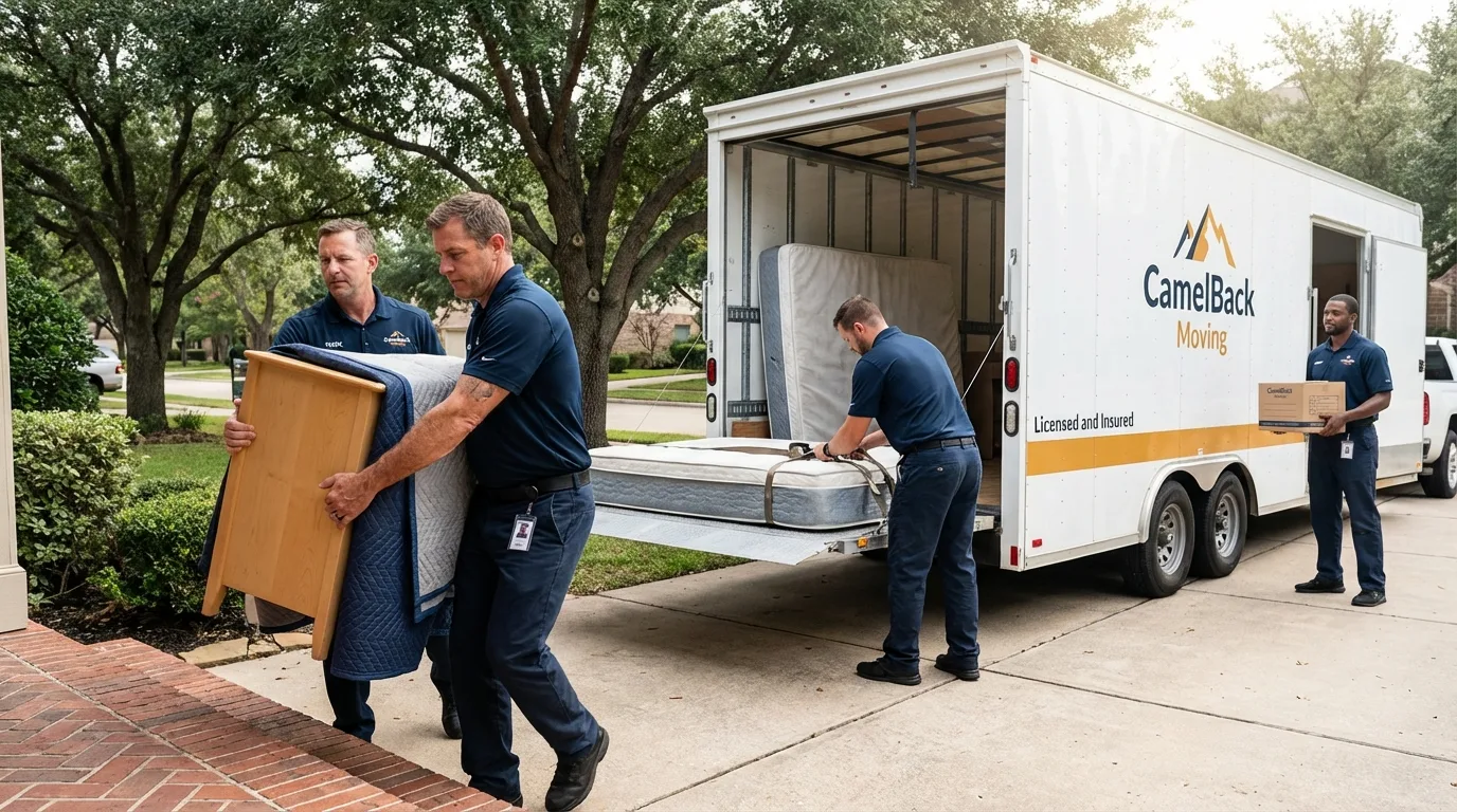 Crew loading residential truck for cross-state move from Frederic, WI