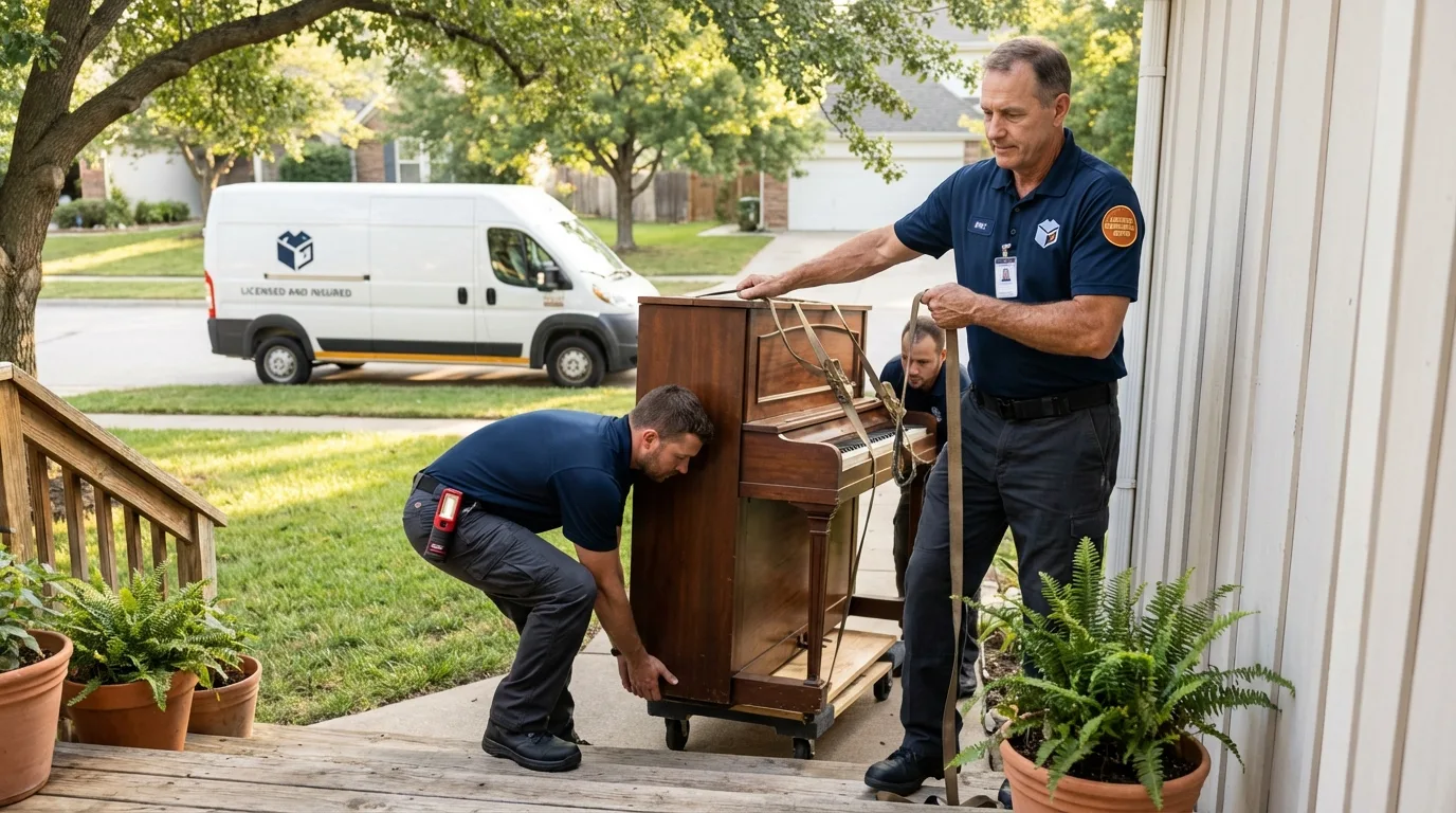 Licensed piano movers securing grand piano in Frederic, WI
