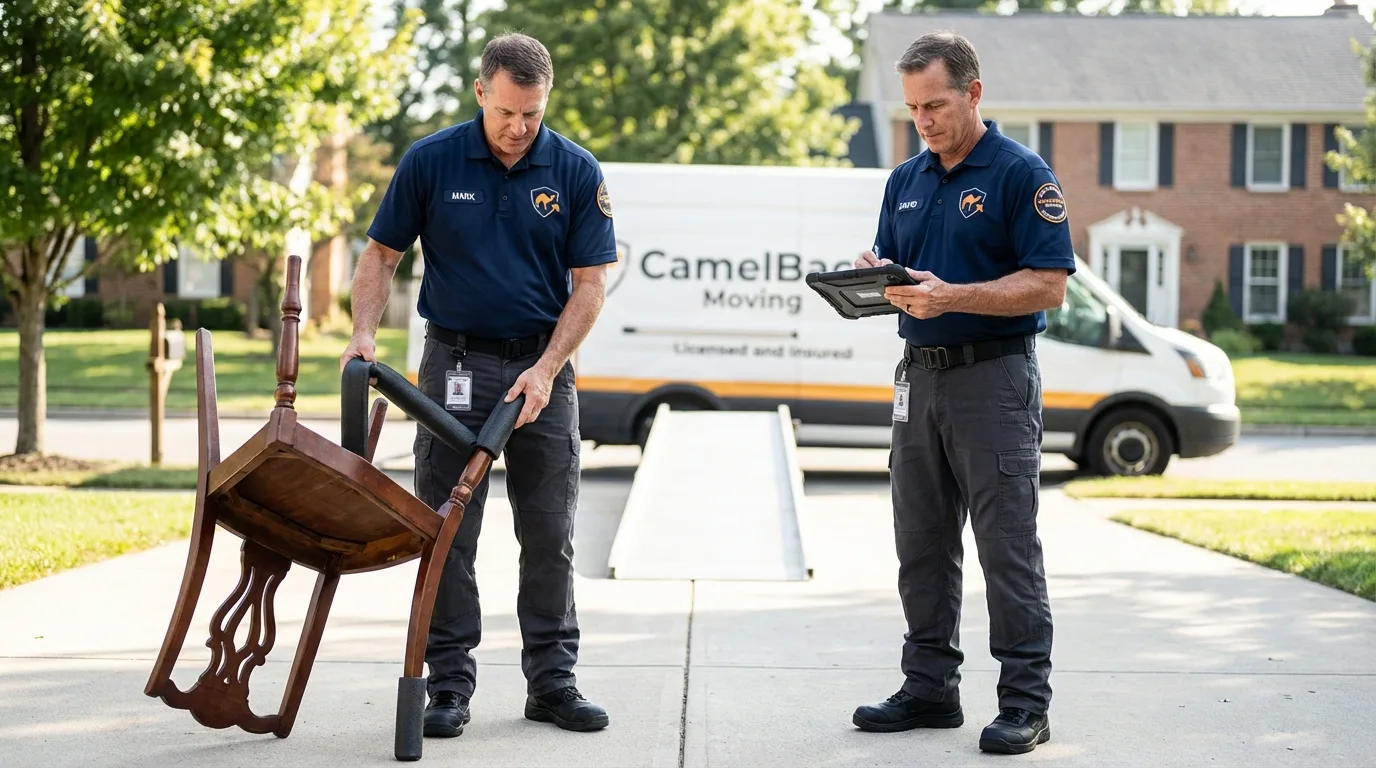 Movers inspecting furniture for damage prevention before loading in Frederic, WI