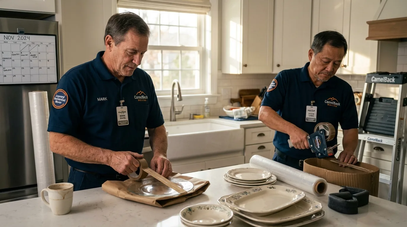 Professional crew packing kitchen dishware in Frederic, WI